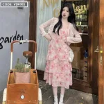Sét đầm hoa midi 2 dây tầng kèm khoác crop hồng