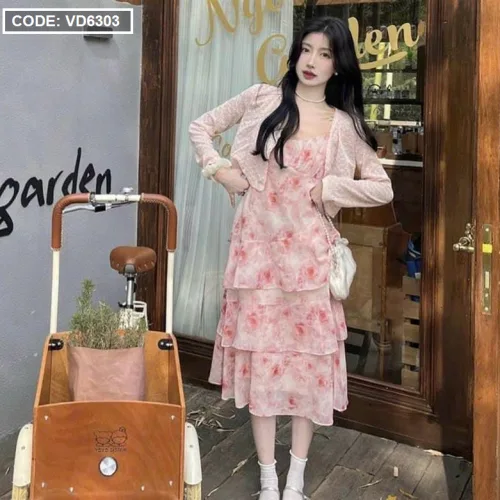 Sét đầm hoa midi 2 dây tầng kèm khoác crop hồng