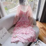 Sét đầm hoa midi 2 dây tầng kèm khoác crop hồng
