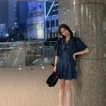 Sét đầm jean 2 dây bo thun lưng + khoác crop jean