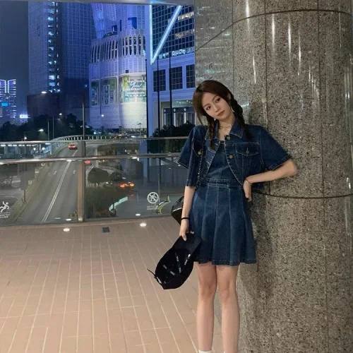Sét đầm jean 2 dây bo thun lưng + khoác crop jean