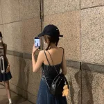 Sét đầm jean 2 dây bo thun lưng + khoác crop jean