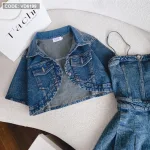 Sét đầm jean 2 dây bo thun lưng + khoác crop jean