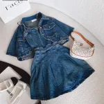 Sét đầm jean 2 dây bo thun lưng + khoác crop jean