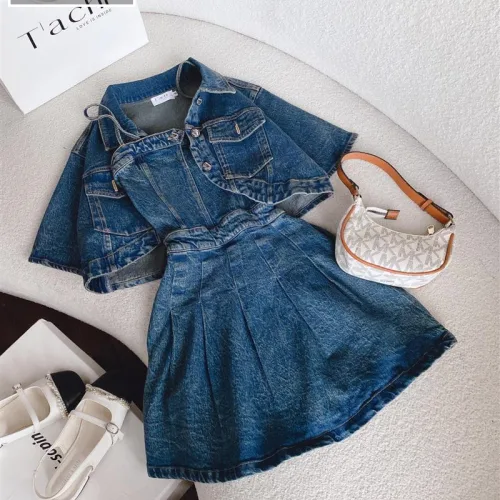 Sét đầm jean 2 dây bo thun lưng + khoác crop jean