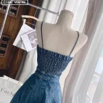 Sét đầm jean 2 dây bo thun lưng + khoác crop jean