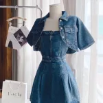 Sét đầm jean 2 dây bo thun lưng + khoác crop jean