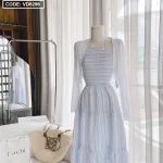 Sét đầm midi caro sọc màu cổ yếm nhún chỉ kèm khoác crop