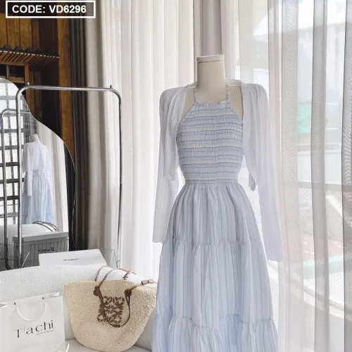 Sét đầm midi caro sọc màu cổ yếm nhún chỉ kèm khoác crop