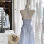 Sét đầm midi caro sọc màu cổ yếm nhún chỉ kèm khoác crop