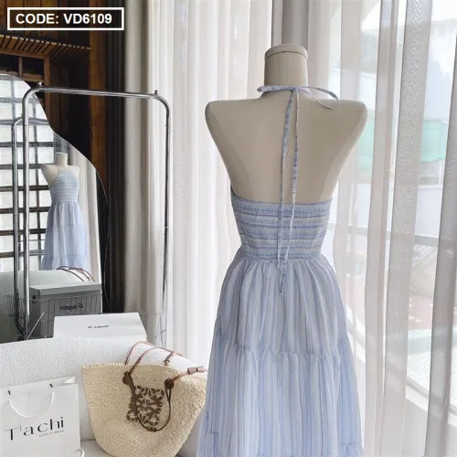 Sét đầm midi caro sọc màu cổ yếm nhún chỉ kèm khoác crop