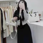 Sét đầm midi đen 2 dây kèm khoác dạ xám