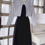 Sét đầm midi đen 2 dây kèm khoác dạ xám