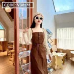 Sét đầm midi kaki nâu 2 dây rút dây eo kèm khoác crop trắng lưới