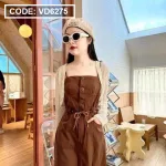 Sét đầm midi kaki nâu 2 dây rút dây eo kèm khoác crop trắng lưới