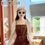 Sét đầm midi kaki nâu 2 dây rút dây eo kèm khoác crop trắng lưới