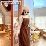 Sét đầm midi kaki nâu 2 dây rút dây eo kèm khoác crop trắng lưới
