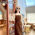 Sét đầm midi kaki nâu rút dây eo kèm khoác crop trắng lưới