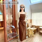 Sét đầm midi kaki nâu rút dây eo kèm khoác crop trắng lưới