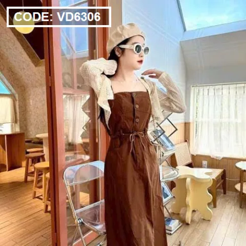 Sét đầm midi kaki nâu rút dây eo kèm khoác crop trắng lưới