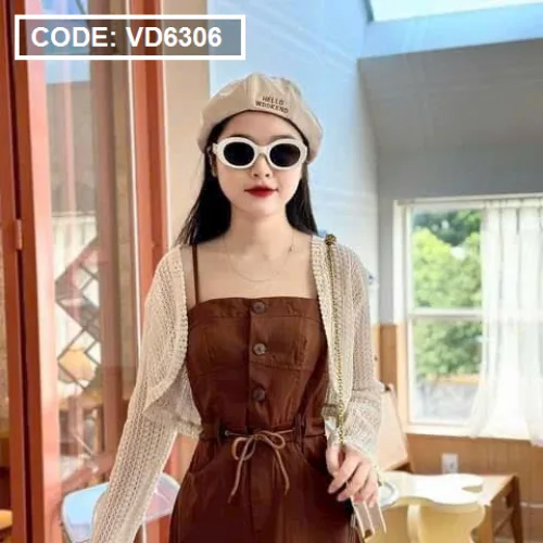 Sét đầm midi kaki nâu rút dây eo kèm khoác crop trắng lưới