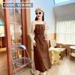 Sét đầm midi kaki nâu rút dây eo kèm khoác crop trắng lưới