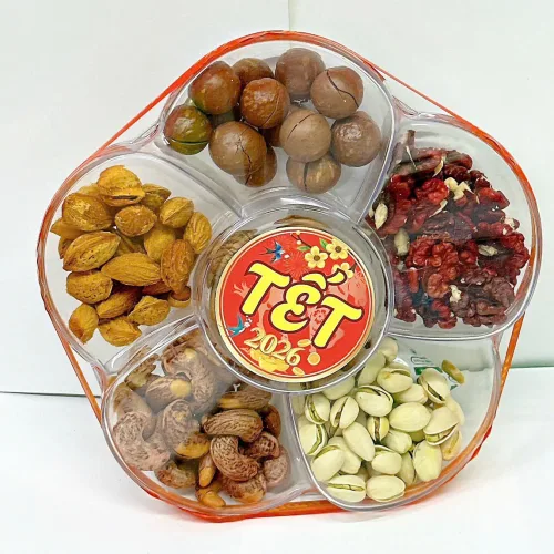 Set Hộp Mix Hạt Ngũ Vị (Hạt Điều Rang Muối, Quả Óc Chó Vàng, Quả Óc Chó Đỏ, Macca, Hạt Dẻ Cười, Hạnh Nhân Rang Bơ) Bông Mai 600G Hộp Tết 2026