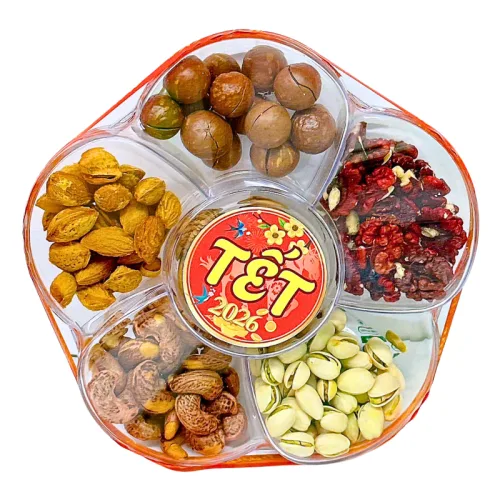 Set Hộp Mix Hạt Ngũ Vị (Hạt Điều Rang Muối, Quả Óc Chó Vàng, Quả Óc Chó Đỏ, Macca, Hạt Dẻ Cười, Hạnh Nhân Rang Bơ) Bông Mai 600G Hộp Tết 2026