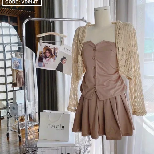 Sét khoác lưới tay dài kèm áo 2 dây nhún hông + chân váy xếp ly
