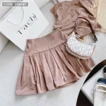 Sét khoác lưới tay dài kèm áo 2 dây nhún hông + chân váy xếp ly