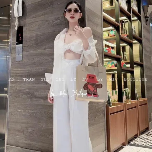 Sét khoác sơ mi kèm bra 2 dây + quần suông