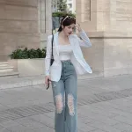 Sét khoác vest trắng + áo trắng 2 dây+ quần suông jean rách