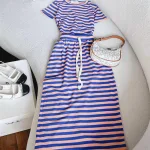 Sét len sọc cổ tròn + chân váy midi quảng châu