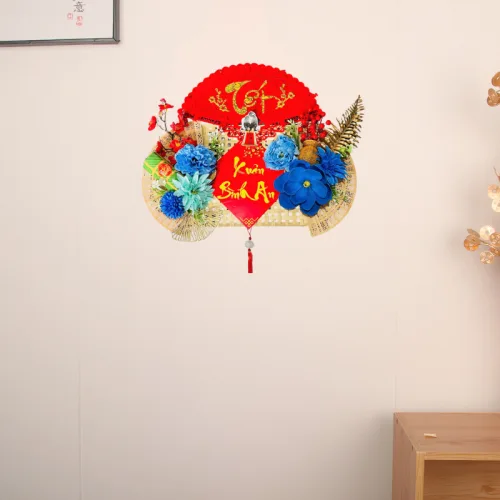 Set Mành Tre Giấy Đỏ Có Dây Treo Quạt Ráp Sẵn - Mẹt Tre Treo Tường - Phên Tre Trang Trí Tết