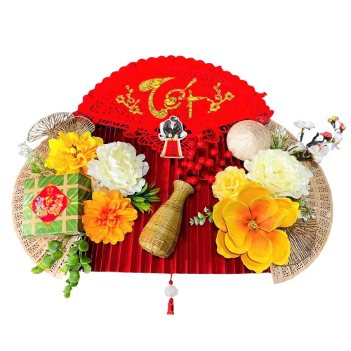 Set Mành Tre Giấy Đỏ Có Dây Treo Quạt Ráp Sẵn - Mẹt Tre Treo Tường - Phên Tre Trang Trí Tết