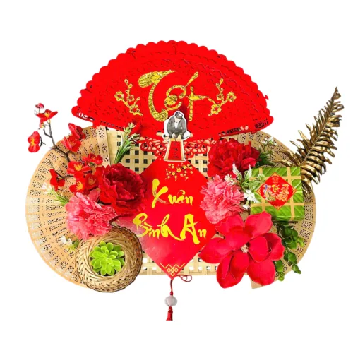 Set Mành Tre Giấy Đỏ Có Dây Treo Quạt Ráp Sẵn - Mẹt Tre Treo Tường - Phên Tre Trang Trí Tết