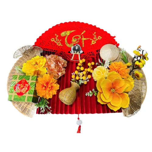 Set Mành Tre Giấy Đỏ Có Dây Treo Quạt Ráp Sẵn - Mẹt Tre Treo Tường - Phên Tre Trang Trí Tết