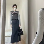 Sét midi xám áo sơ mi kèm nịt