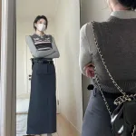 Sét midi xám áo sơ mi kèm nịt