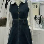Sét midi yếm jean kèm sơ mi trắng cổ sen