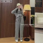 Sét pull xám miu miu + quần suông sọc quảng châu