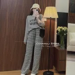 Sét pull xám miu miu + quần suông sọc quảng châu