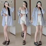 sét sơ mi kẻ sọc logo + crop 2 dây trắng+ short kaki trắng