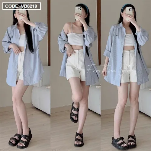 sét sơ mi kẻ sọc logo + crop 2 dây trắng+ short kaki trắng
