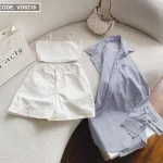 sét sơ mi kẻ sọc logo + crop 2 dây trắng+ short kaki trắng