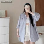 sét sơ mi kẻ sọc logo + crop 2 dây trắng+ short kaki trắng