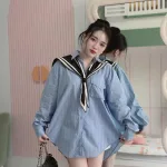 Sét sơ mi kẻ sọc xanh choàng cổ viền + short trắng