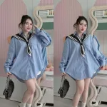 Sét sơ mi kẻ sọc xanh choàng cổ viền + short trắng