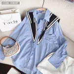 Sét sơ mi kẻ sọc xanh choàng cổ viền + short trắng