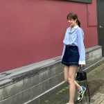 Sét sơ mi kẻ sọc xanh viền cổ tay trắng + short jean